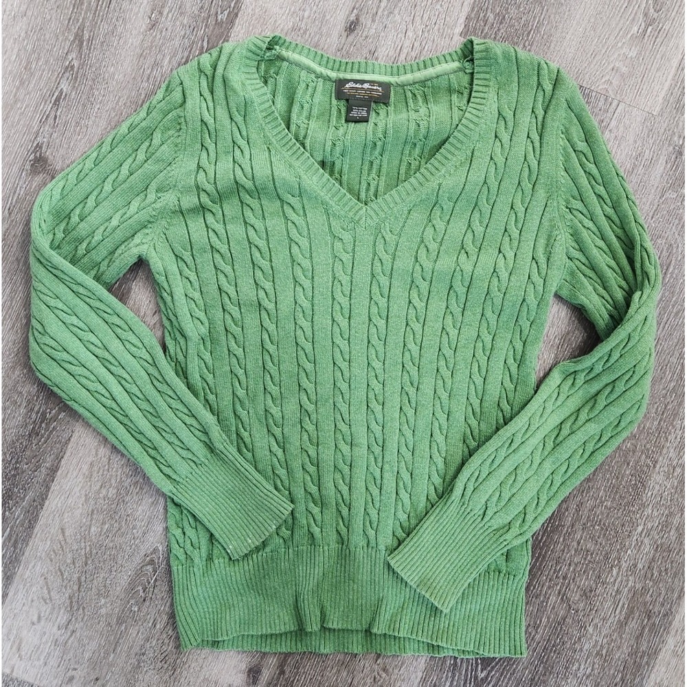 Eddie Bauer Womens Green Cable Knit V-Neck Sweater Cotton Blend Size L Pullover